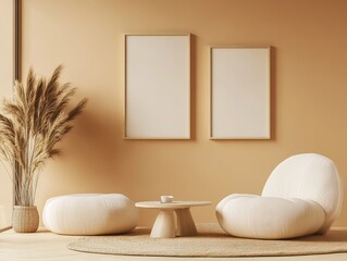 A cozy, minimalistic living space featuring soft seating and natural decor.