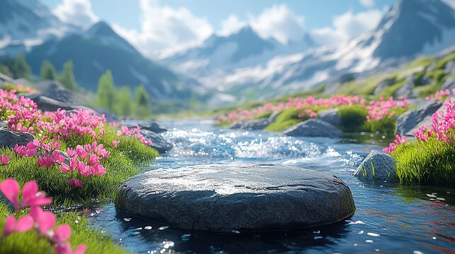 A serene mountain stream flows through a lush meadow, with a smooth, flat rock in the center.