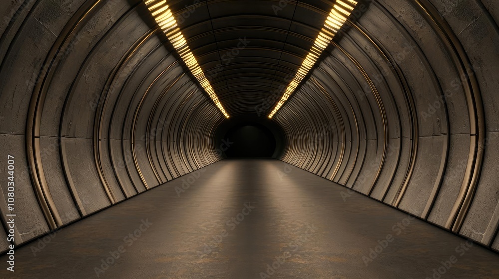 Poster empty tunnel with concrete walls and soft lighting, leading into darkness.