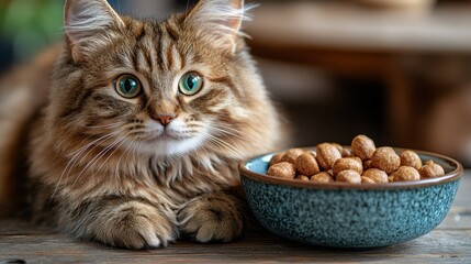 Furry cat beside a bowl of treats on polished wood, minimalistic setting, inviting atmosphere, playful companion, cozy home ambiance