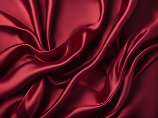 Obraz premium Dark red silk satin background. Bright folds on a shiny fabric. Valentine's Day. Luxury background with empty space for design. Top view web banner