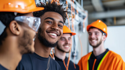 A group of young electrician students standing proudly by their electrical project, sharing a laugh in a well-equipped vocational training room, wearing safety gear.