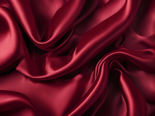 Fototapeta premium Dark red silk satin background. Bright folds on a shiny fabric. Valentine's Day. Luxury background with empty space for design. Top view web banner