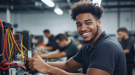Fototapeta premium A young electrician student grinning as they test voltage on a circuit with a multimeter, surrounded by classmates focused on their practice work in the background.