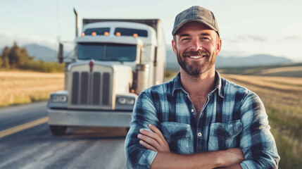 Confident truck driver posing with crossed arms and smiling in front of his semi-truck on a picturesque rural road
