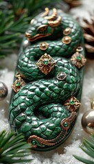 Fototapeta premium Emerald Green Dragon Figurine with Gold Details, Coiled Serpent Sculpture on Festive Background