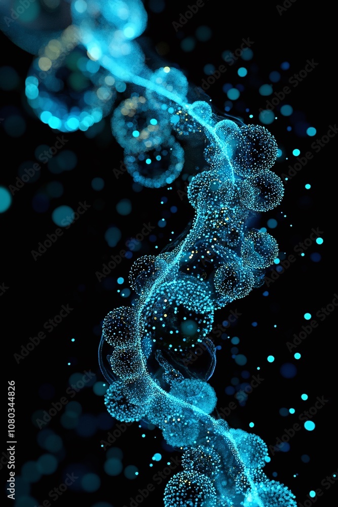 Poster abstract blue particles in wavy formation against dark background representing science, technology, 