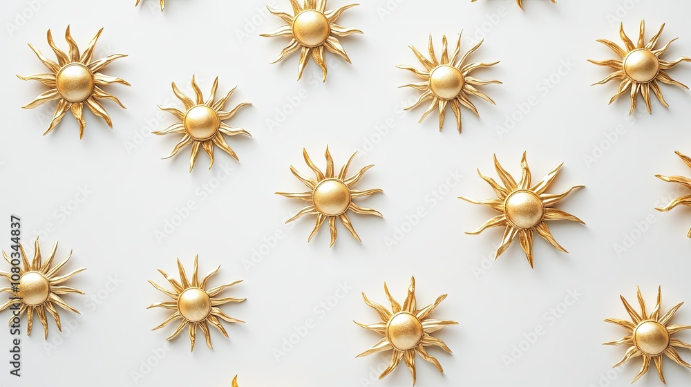 Poster decorative wall art featuring golden sun motifs in various sizes, creating a visually stunning and b