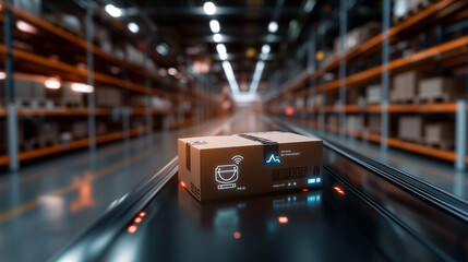 A close-up of a package with AR holographic tags, showing details like weight, destination, and picking priority, set in a sleek, automated warehouse environment.