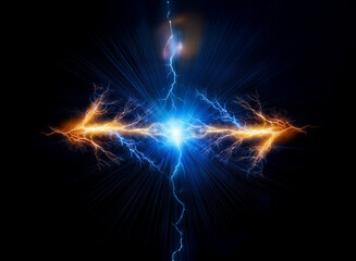 Two bolts of electricity, one blue and one orange, collide in a bright flash of light.
