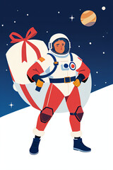 Christmas Astronaut with Gift in Minimal Flat Style