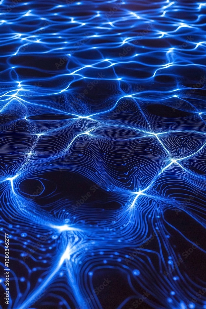 Poster abstract blue wave patterns with flowing lines and light reflections creating a futuristic and techn