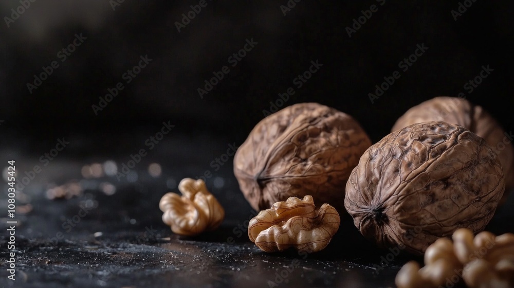 Poster three walnuts positioned dark surface showcasing their rough textures and natural color variations. 