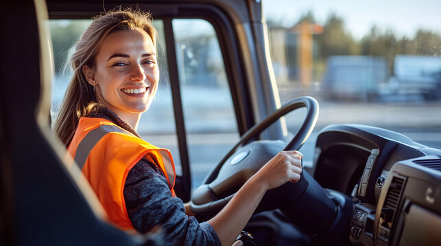 Smiling young female truck driver in safety vest driving a truck on a sunny day