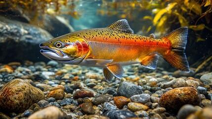 Naklejka premium Vibrant trout swimming among pebbles and aquatic plants.