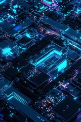 Fototapeta premium Abstract close-up of a futuristic digital circuit board with vibrant neon blue and purple hues, showcasing intricate geometric shapes and reflective surfaces in a high-tech environment