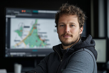 logistics visionary is focused on designing eco friendly solutions, showcasing map on digital screen in modern office environment. His expression reflects determination and innovation