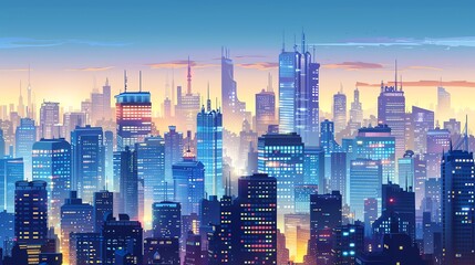 Obraz premium A colorful illustration of a city skyline with tall buildings at sunset.