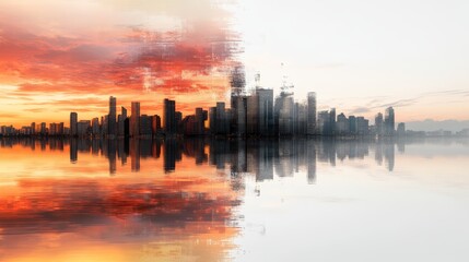 Fototapeta premium Spectacular city skyline reflection at sunset, a stunning urban panorama of modern architecture and cityscape