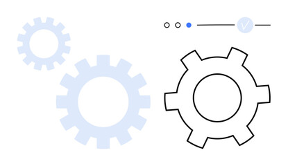 Three gears with one larger outlined gear and two smaller shaded ones, with progress indicators above. Ideal for technology, mechanics, engineering, automation, innovation, teamwork, and processes