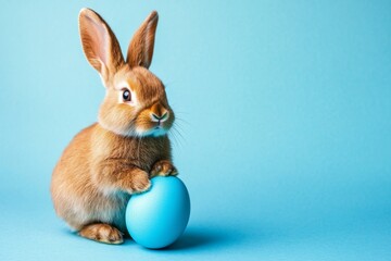 Obraz premium Easter bunny rabbit with blue painted egg on blue background. ai generated
