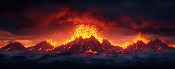 Naklejka premium Volcanic eruption with fiery lava, dramatic dark clouds in the background.