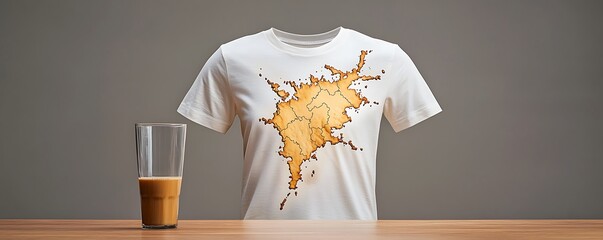 A white t shirt with a noticeable coffee stain spreading across the front, resembling a map of a continent, created by a clumsy spill from a glass.