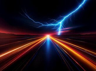 Obraz premium A long straight road with streaks of light emanating from the vanishing point in the distance as a blue lightning strike illuminates the sky.