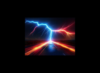A blue and red lightning bolt strikes a highway with streaks of red and yellow light in the background.