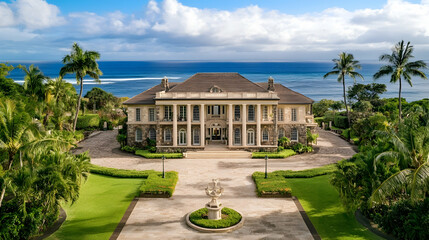 Waterfront Newport mansion with private yacht dock and formal gardens, classic Rhode Island Gilded Age estate