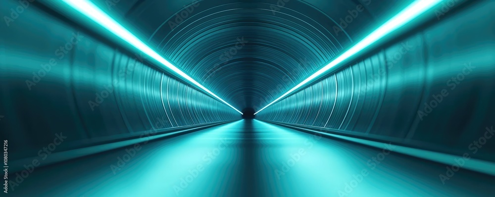 Poster futuristic tunnel with glowing blue lights, creating a surreal atmosphere.