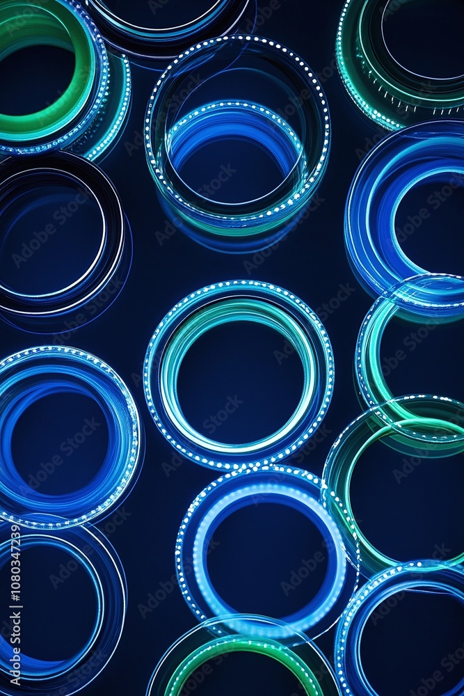 Poster abstract colorful light circles over dark background, futuristic design elements with blue and green