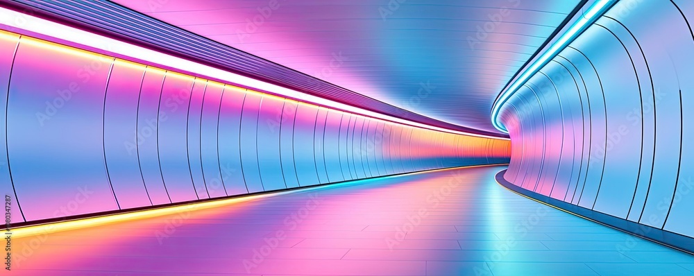 Poster futuristic tunnel with vibrant neon lights and smooth surfaces, creating a dynamic space.