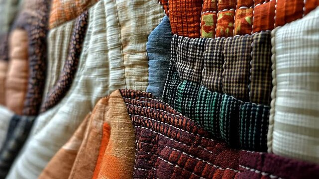 A close-up of a colorful quilt with various patterns and textures