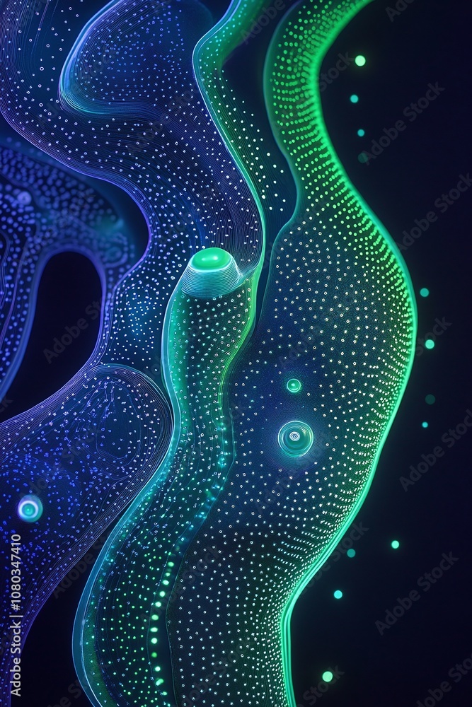 Poster abstract colorful waves with glowing dots and fluid patterns in blue and green tones for creative de