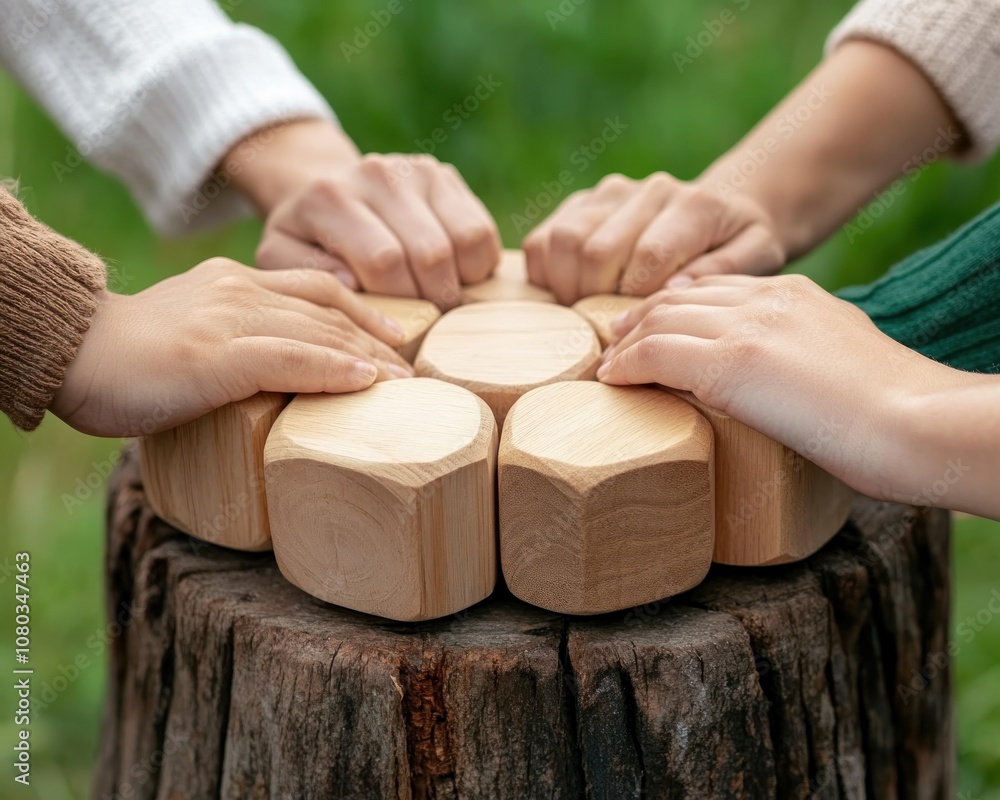 Poster group of friends showing unity and support with hands around wooden object, symbol of togetherness, 