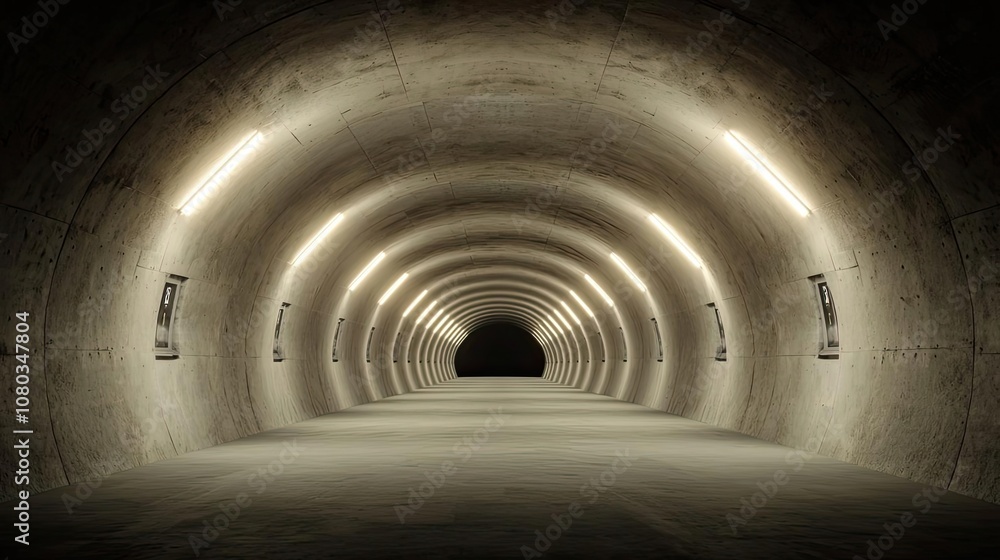 Poster spacious tunnel with illuminated concrete walls and dark end.