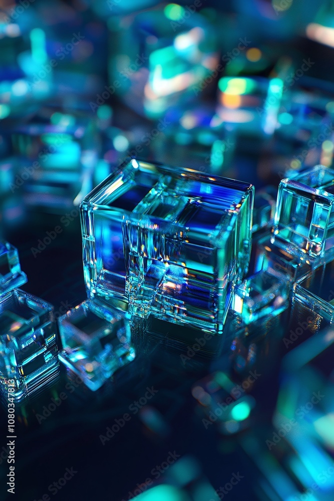 Poster Abstract Composition of Colorful Crystal Cubes on a Reflective Surface with Vibrant Light Reflections and Shadows Creating an Intriguing Visual Experience