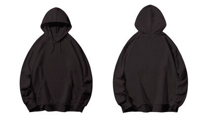 Two black hoodies, front and back view, isolated background.