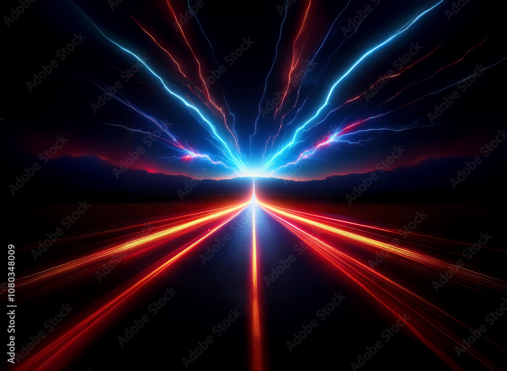 Poster a long, straight road with red and blue light trails extends into a dark horizon with a glowing ligh