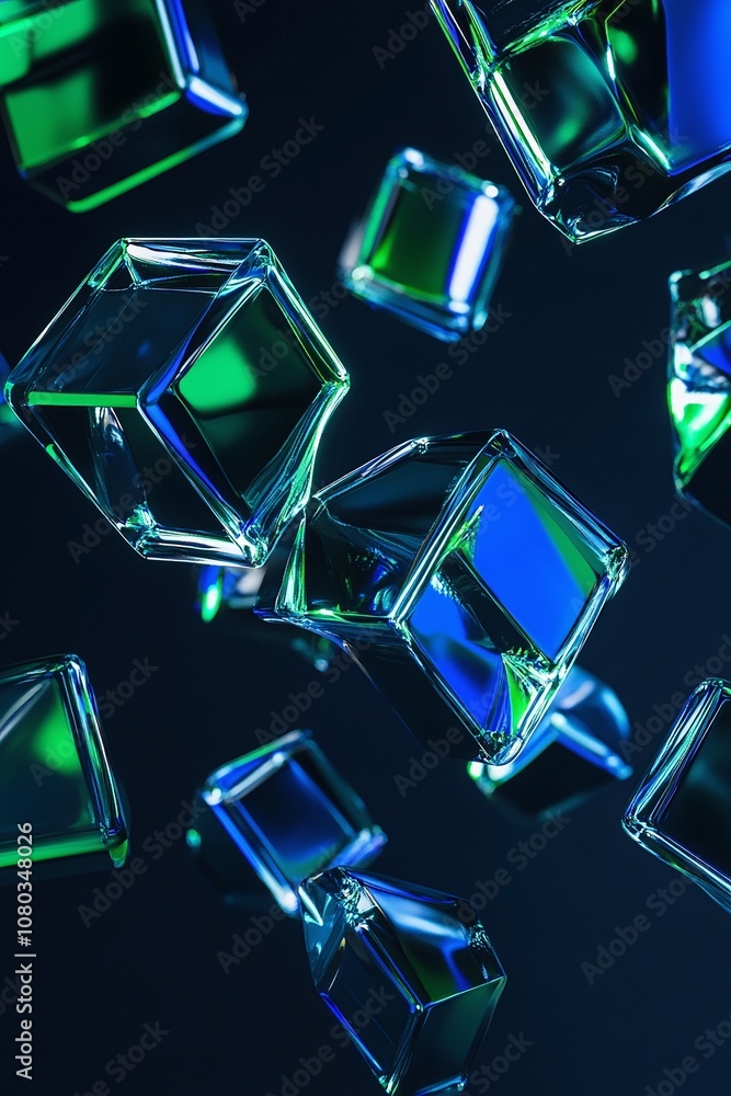 Aufkleber abstract composition of floating transparent glass cubes with reflections and vibrant colors, creati