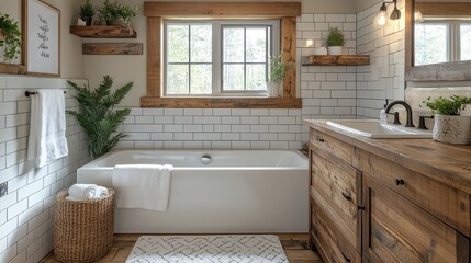 Rustic Bathroom with White Subway Tiles, Wooden Accents, and a Freestanding Tub