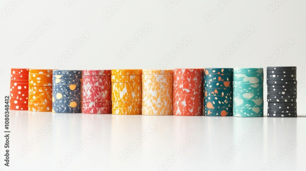 Aufkleber colorful stack of textured round containers with unique patterns and designs displayed on a white ba