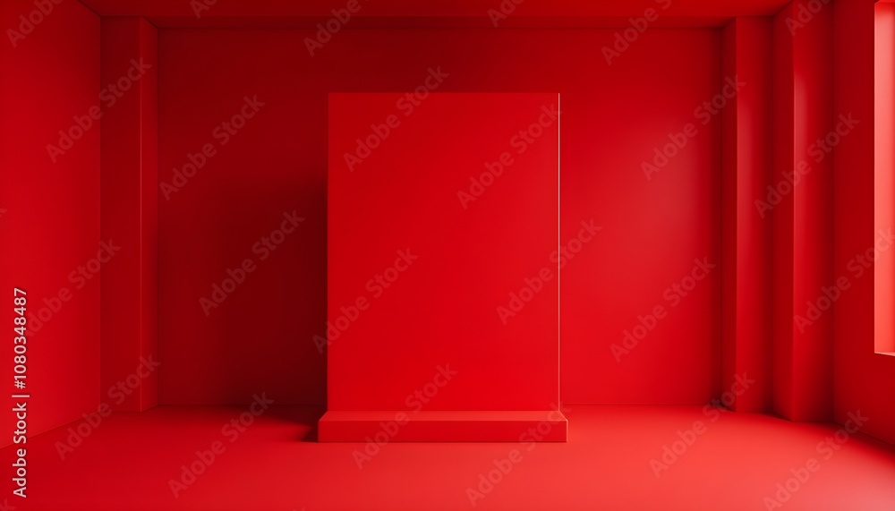 Poster a red minimalist room with a central block, symbolizing isolation and focus.
