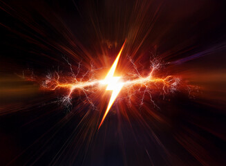 A bright, orange, lightning bolt shaped energy burst in the center of a dark background with a glowing, light effect radiating outwards.