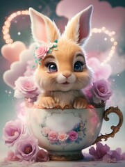 3D watercolor illustration of a cute fluffy baby rabbit nestled in a flower cup adorned.