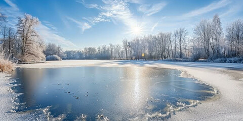 Peaceful Snow-Covered Pond with Surrounding Trees and Clear Blue Sky

