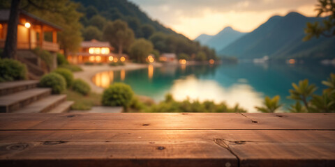 Naklejka premium Wooden table, blurred river lake background