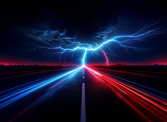 A dark asphalt road is split by a bright bolt of lightning with two beams of red and blue light streaking down the road in opposite directions.