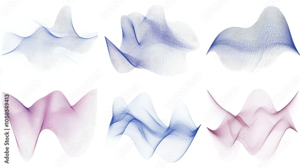 Aufkleber abstract waveforms collection with soft curves and lines in blue and purple tones, ideal for technol